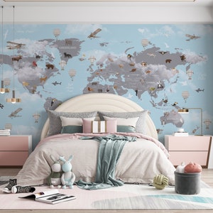 Kids World Map Wallpaper World Map Wall Mural  Nursery Decor Peel and stick wallpaper