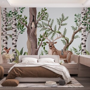 Nursery Wallpaper Woodland Wall Mural Jungle Peel and Stick Wallpaper Animals Kids Room decor