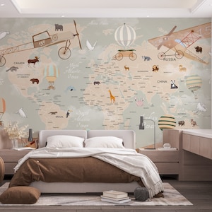 Kids World Map Wallpaper Nursery Wall Mural Peel and stick wallpaper