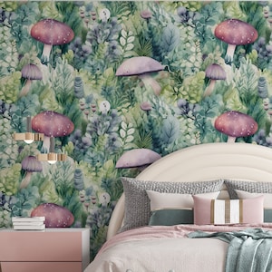 Papier peint champignon forêt féerique - papier peint autocollant - décoration Cottagecore lunatique - papier peint amovible pour chambre d'enfant ou chambre à coucher