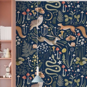 removable wallpaper woodland peel and stick mushroom wallpaper  vintage forest wall mural