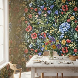 May include: A dining room with floral wallpaper featuring red poppies, blue hydrangeas, and yellow wildflowers. A white wooden table is set with plates, cups, and napkins. A vase of colourful flowers sits in the centre of the table. Wooden chairs surround the table.