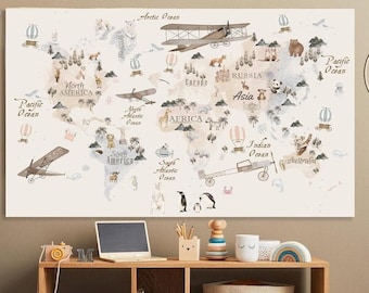 animal world map kids world map print kids room decor wall art large canvas print ready to hung