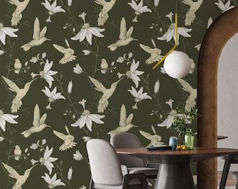 Hummingbird Wallpaper: Vintage Birds Pattern, Peel and Stick Wall Mural
