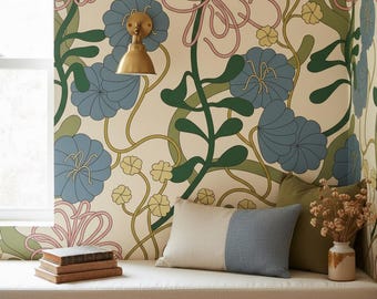 Art Nouveau Wallpaper Peel and Stick, Retro Botanical Floral Wallpaper, Maximalist Wall Decor