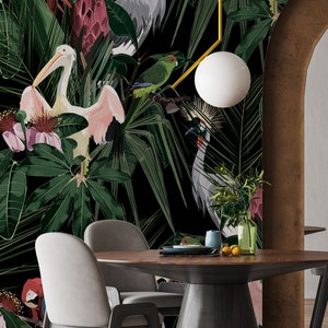 Chinoiserie wallpaper, tropical birds peel and stick wall mural, removable wallpaper accent wall
