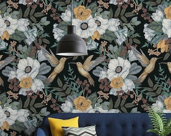 Wallpaper Peel and stick,  dark floral wallpaper with birds, moody wall decor