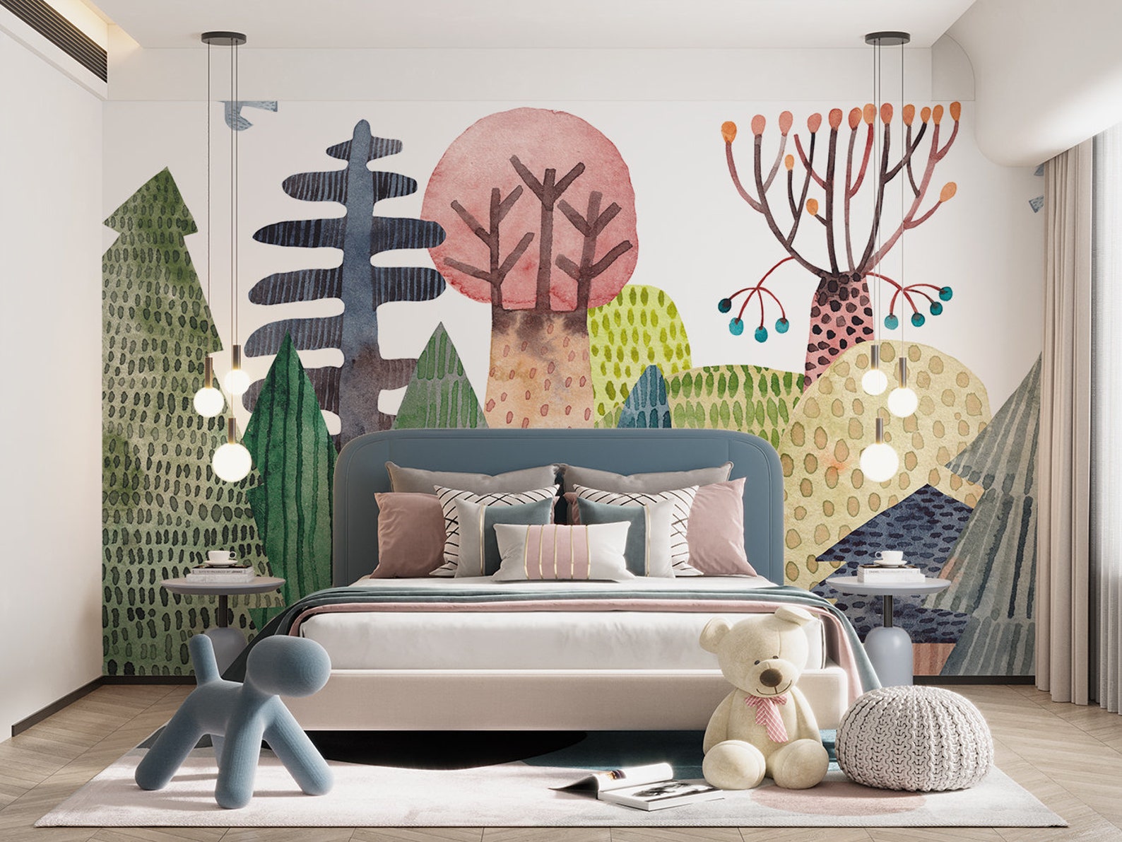 Removable Wallpaper Kids Room Wallpaper Watercolor Forest Wall Etsy
