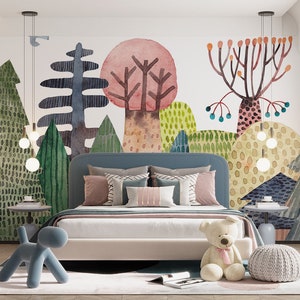 Removable Wallpaper Kids Room Wallpaper Watercolor Forest Wall Mural Wall Mural