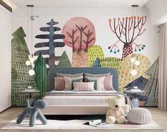 Watercolor Forest Wall Mural: Removable Kids Room Wallpaper