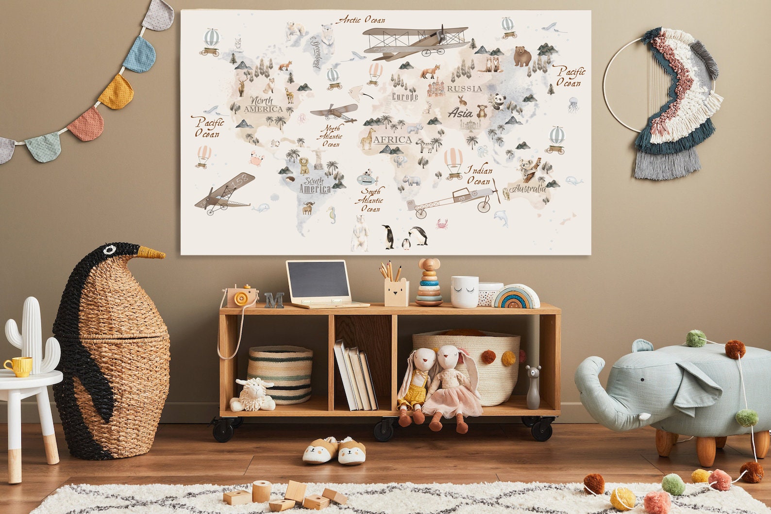 Animal World Map Canvas Print: Kids Nursery Decor - Etsy