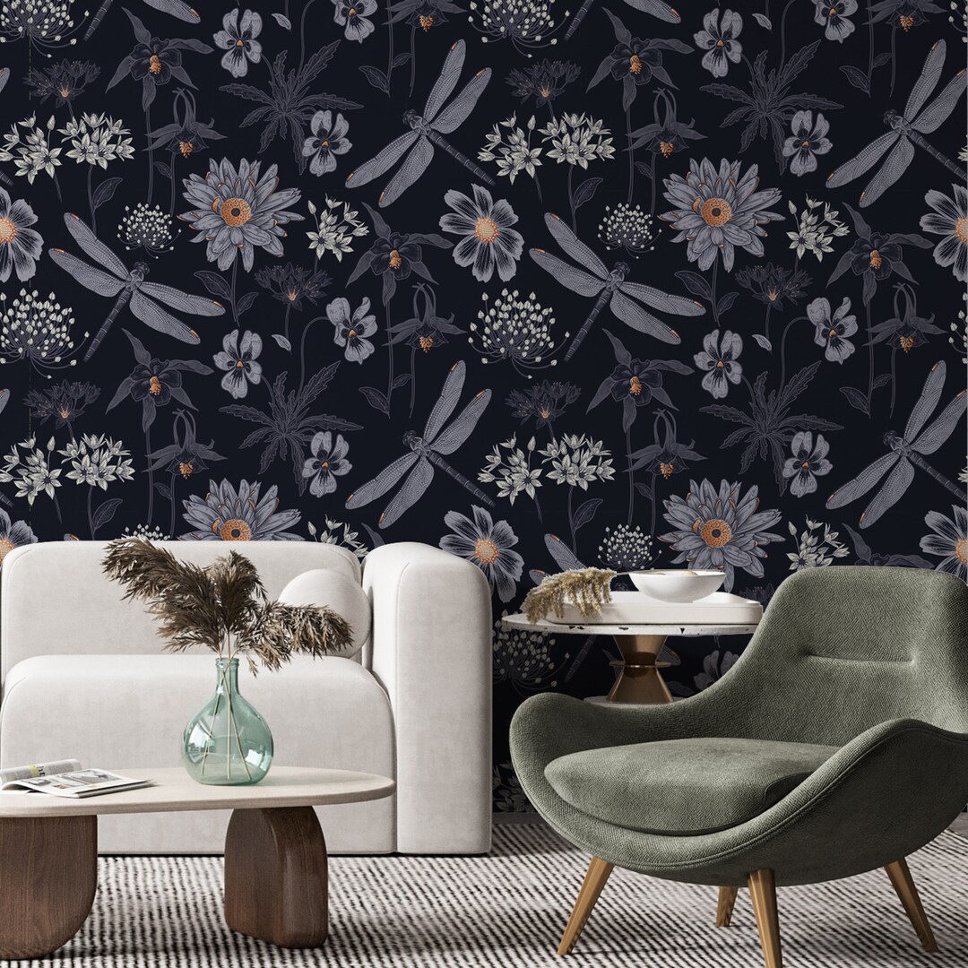 Navy Blue Botanical Wallpaper Peel and Stick Herbs Wall Etsy
