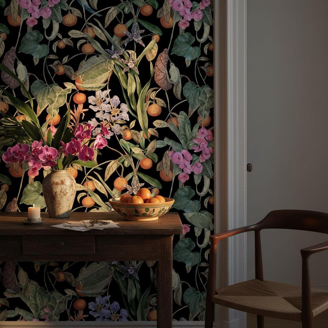 Dark Botanical Wallpaper | Vintage Tropical Fruit Floral Wall Mural ...