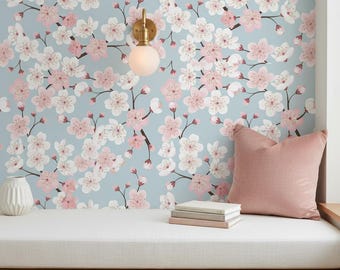 Cherry Blossom Wallpaper Peel and Stick, Blush Pink Floral Wallpaper, Japanese Wall Decor