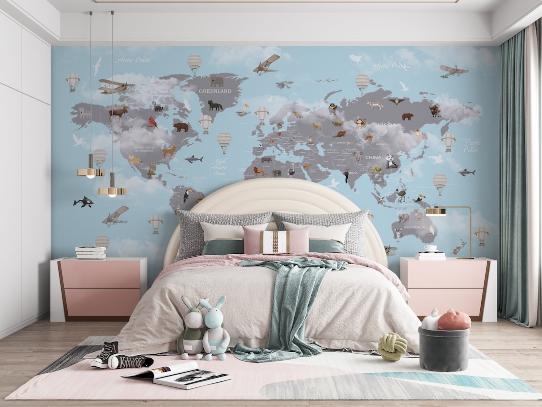 Kids World Map Wallpaper: Peel and Stick Nursery Wall Mural - Etsy