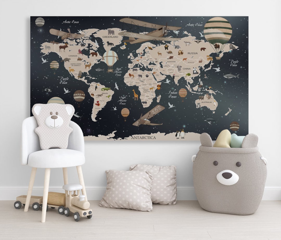 Nursery World Map Canvas Kids World Map Decor Kids Map Print World Map ...