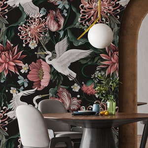 Chinoiserie Peel and Stick Wallpaper: Bird Crane & Peonies Mural