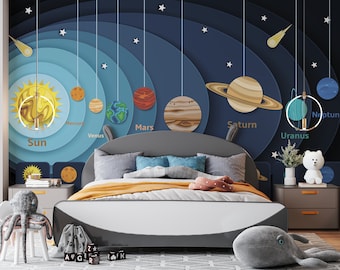 Space Kids Room Wallpaper, Nursery Solar System Peel and Stick Mural