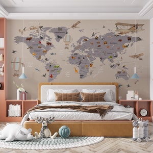 Enfants Carte du Monde Fond d’écran Carte du Monde Murale Murale Crèche Décor Peel et stick papier peint