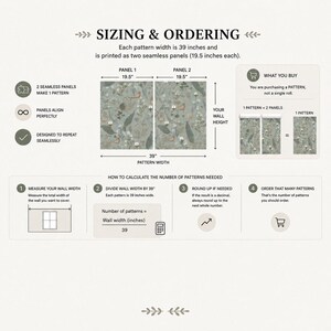 May include: Diagram illustrating wallpaper sizing and ordering instructions. The pattern width is 39 inches, printed as two seamless panels, each 19.5 inches wide. Instructions include measuring wall width, dividing by 39, rounding up, and ordering patterns.