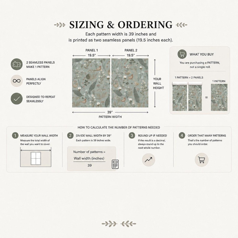 May include: Diagram showing wallpaper sizing and ordering instructions. The pattern width is 99 cm, printed as two seamless panels, each 49.5 cm wide. Instructions include measuring wall width, dividing by 99, rounding up, and ordering the calculated number of patterns.
