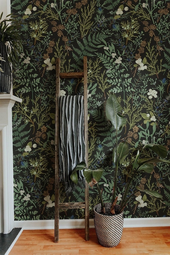 Vintage Dark Botanical Wallpaper: Peel and Stick Removable Wallpaper
