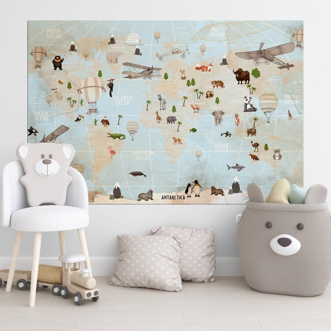 Nursery World Map Canvas Kids World Map Decor Kids Map Print World Map ...