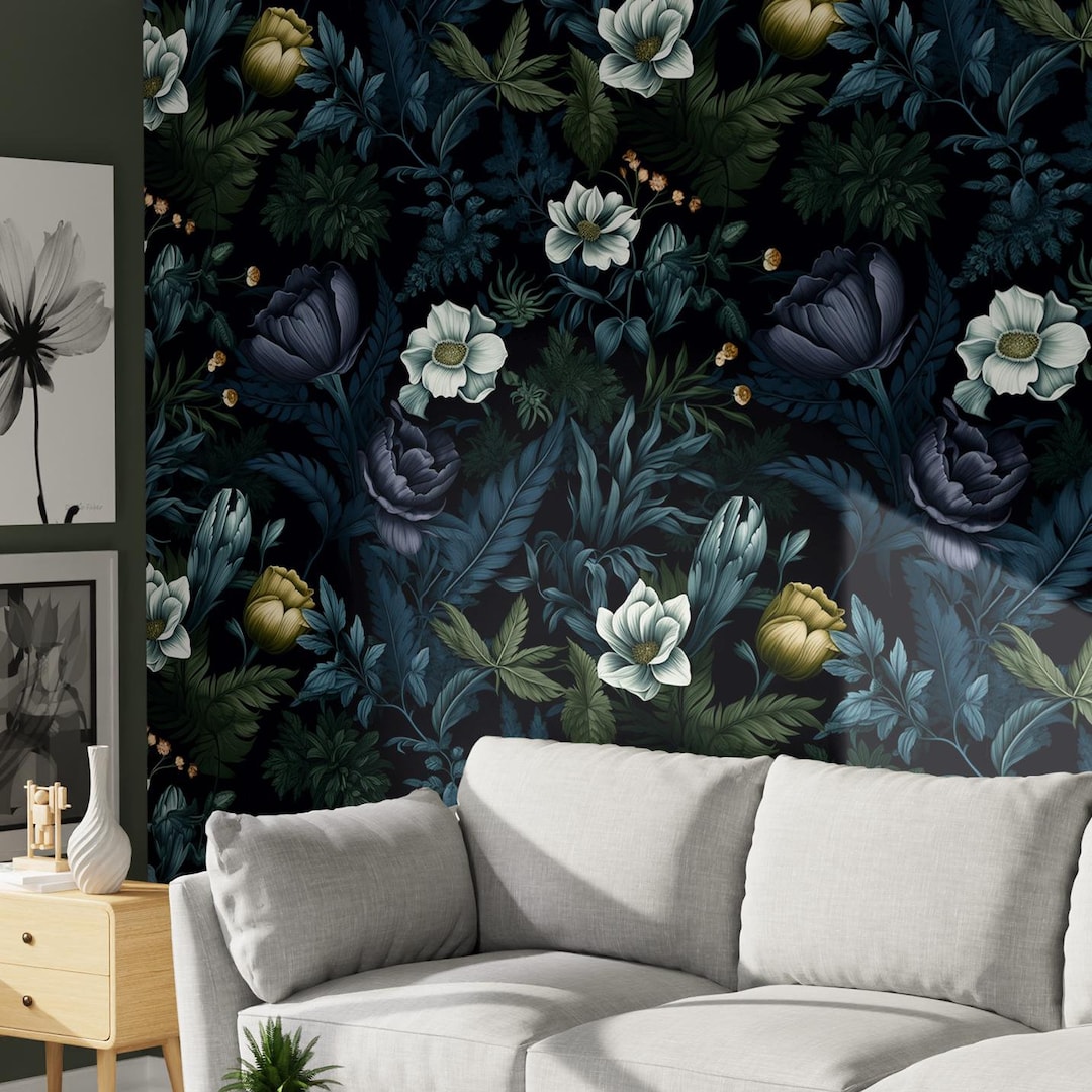 Botanical Wallpaper Dark, Peel and Stick Removable Mural - Etsy
