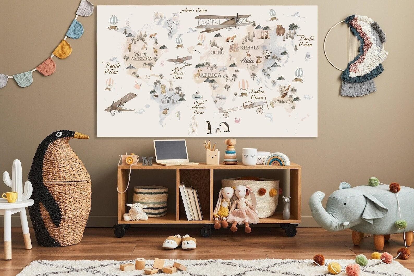 Animal World Map Kids Room Decor: Large Cotton Canvas Print - Etsy