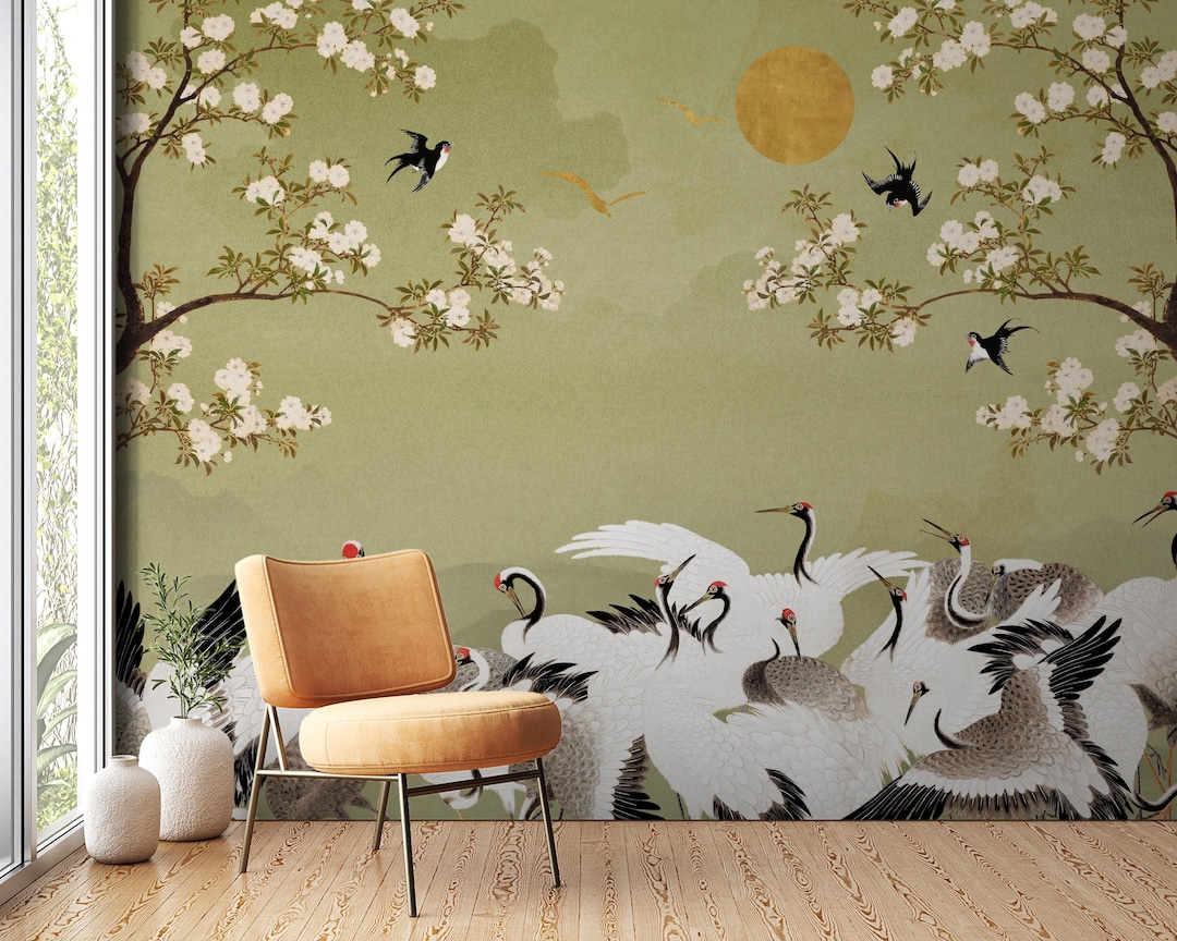 Chinoiserie Floral Wallpaper: Elegant Green Blossom Branch Design - Etsy