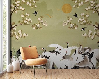 Chinoiserie Floral Wallpaper: Elegant Green Blossom Branch Design