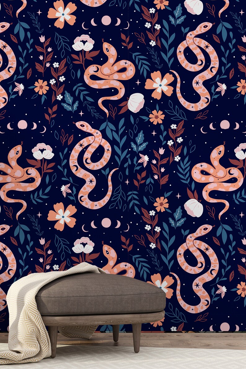 Removable Wallpaper Dark Botanical Peel and Stick Mural Snake Wallpaper