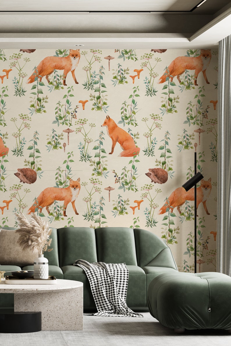May include: Wallpaper featuring a repeating pattern of orange foxes, brown hedgehogs, and orange mushrooms amidst green foliage on a cream background. The scene evokes a woodland theme, suitable for interior design.