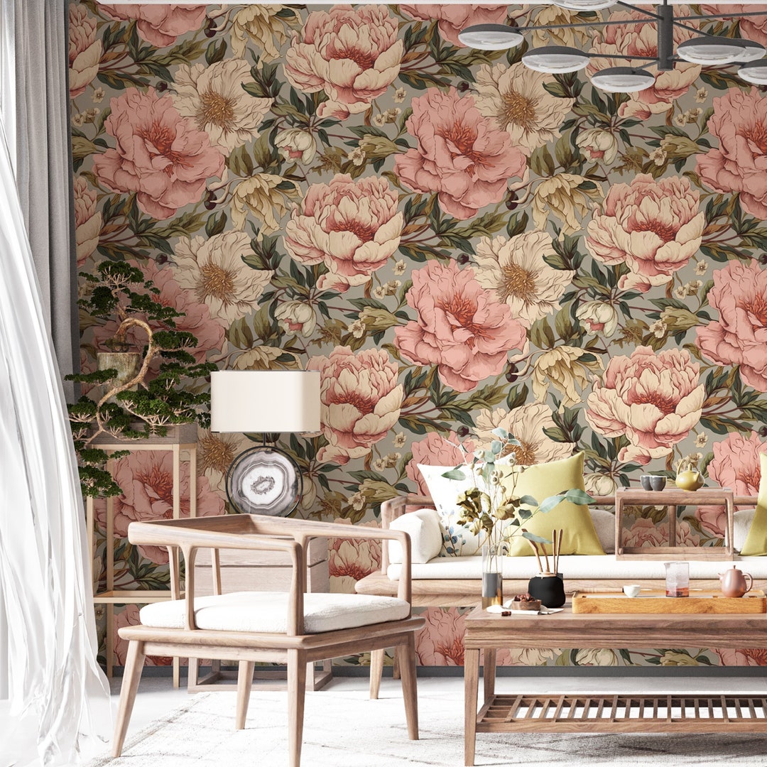 Floral Wallpaper Peel and Stick, Peony Wall Mural, Removable Botanical ...