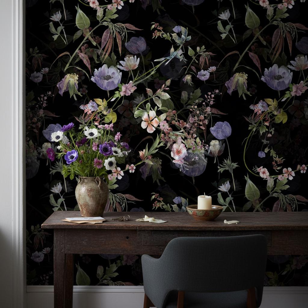 Dark Floral Wallpaper | Moody Black Botanical Wall Mural | Purple ...