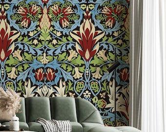 William Morris Style Peel and Stick Wallpaper – Vintage Floral Art Nouveau Wall Mural