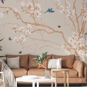 Chinoiserie wallpaper Vintage Branches Japanese wall mural Peel and stick