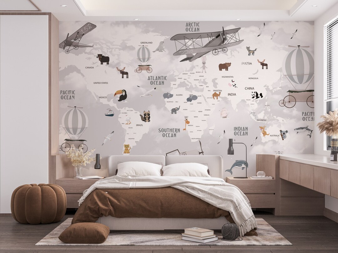 Kids World Map Wallpaper Nursery Wall Mural Peel and Stick Wallpaper - Etsy