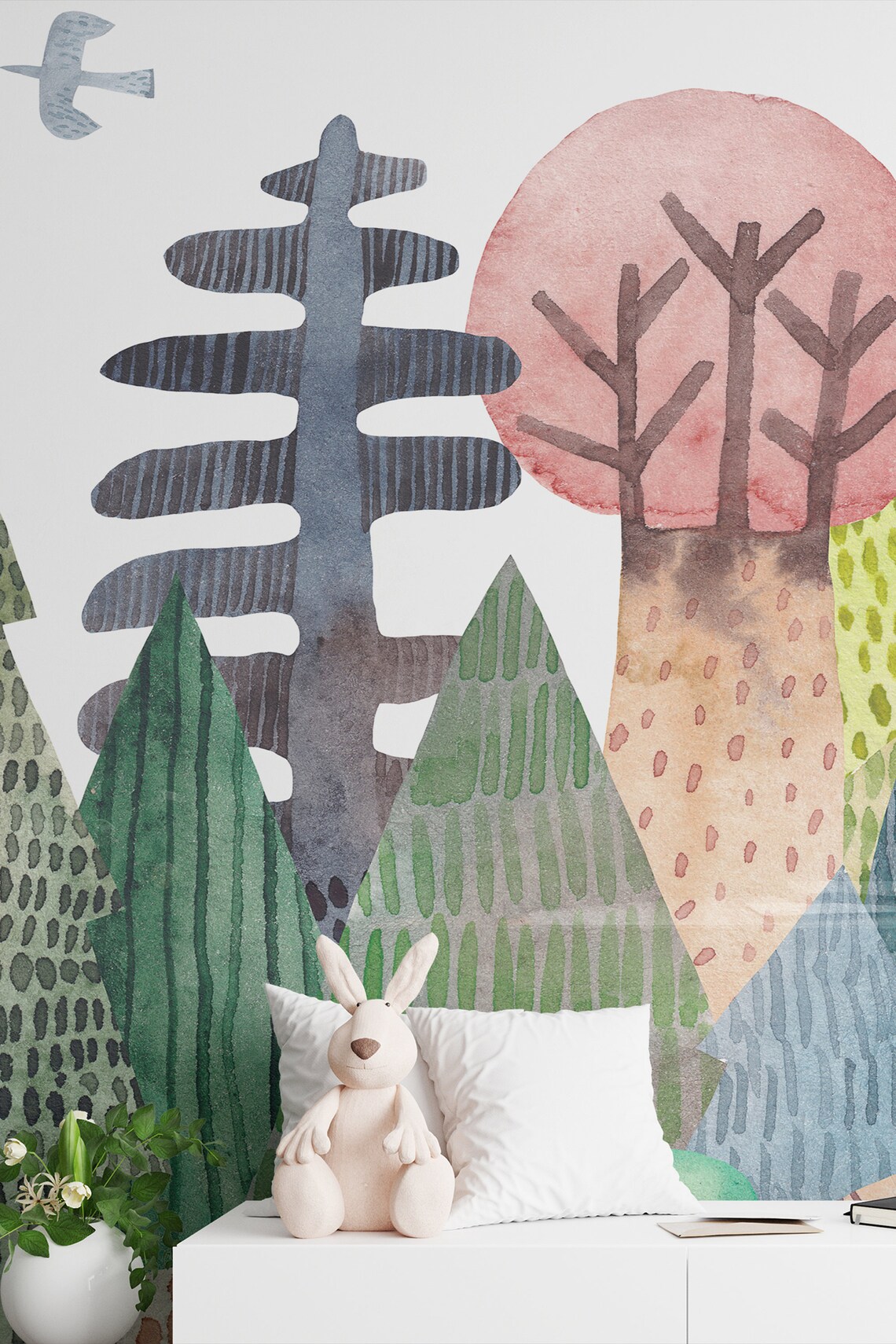 Removable Wallpaper Kids Room Wallpaper Watercolor Forest Wall Etsy
