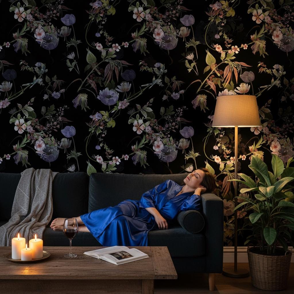 Dark Floral Wallpaper | Moody Black Botanical Wall Mural | Purple ...