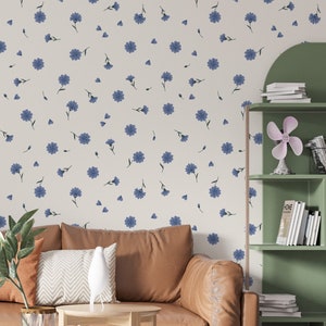 Floral Wallpaper Blue Flowers Bohemian Wall Décor, Botanical wallpaper Peel and stick