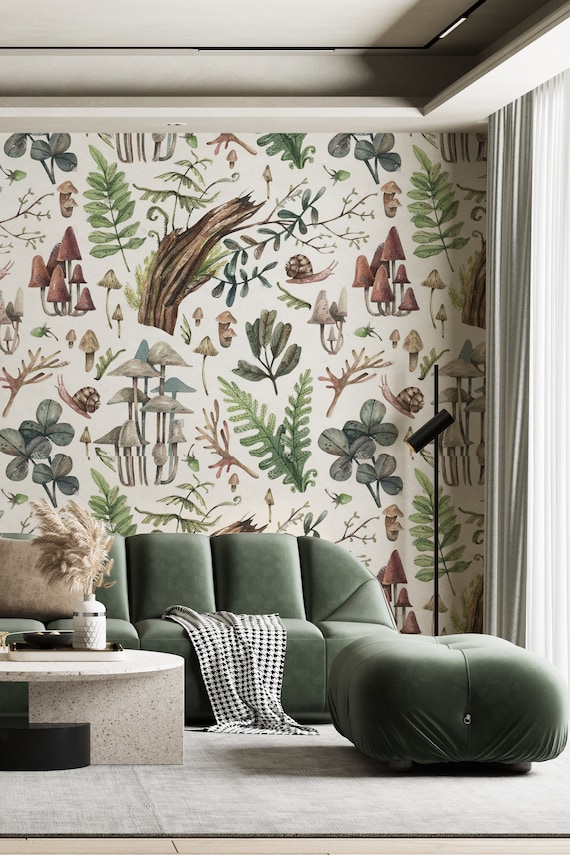 removable wallpaper woodland peel and stick mushroom wallpaper  vintage forest wall mural