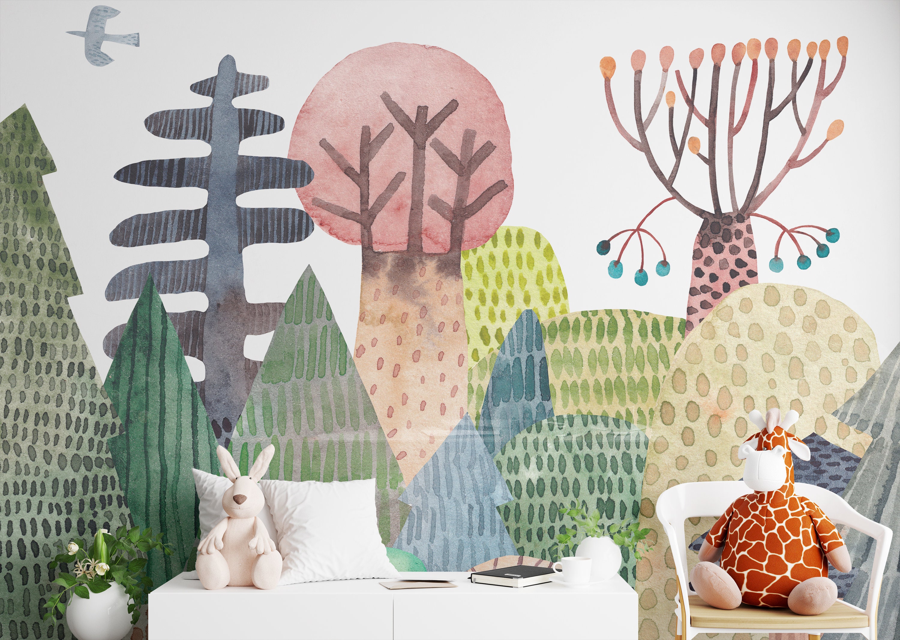 Removable Wallpaper Kids Room Wallpaper Watercolor Forest Wall Etsy