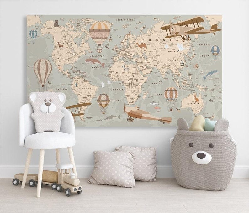 Nursery world map canvas Kids world map decor Kids map print world map wall art kids room decor image 1