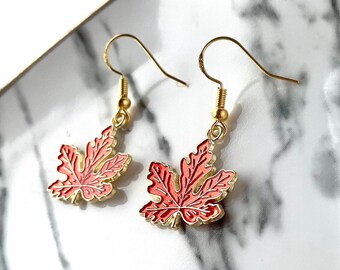 Red Maple Leaf Dangle Earrings, Autumn Enamel Jewelry