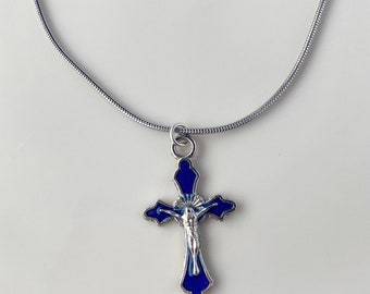 Blue Crucifix Antique Silver Enamel Cross  Religious Necklace, Gift Giving, Religious Gifts, Jesus Gift, Hypoallergenic, Church Gifts