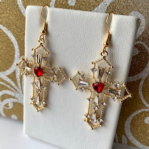 Large Crystal & Rhinestone Gold Plated Cross Earrings, Statement Jewelry, Church Gifts, Gifts For Her, Religious Gifts, Hypoallergenic