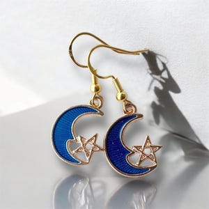 Blue Crescent Moon Star Earrings, Boho Earrings, Moon Jewelry, Celestial, Drop Earrings, Gifts For Her, Hypoallergenic