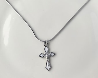 White Crucifix Antique Silver Enamel Cross  Religious Necklace, Gift Giving, Religious Gifts, Jesus Gift, Hypoallergenic, Stainless Steel