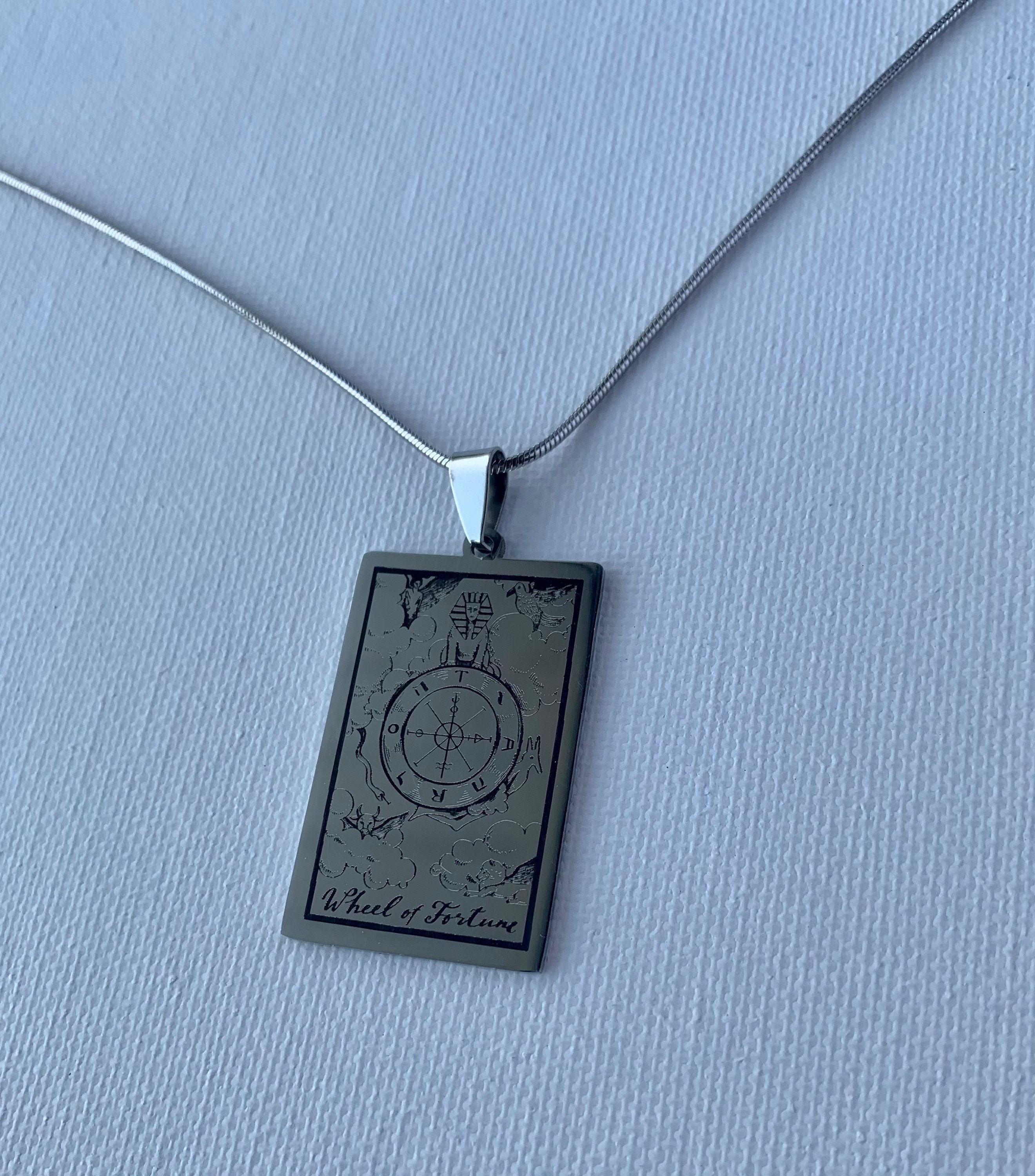 MENDEL Stainless Steel Tarot Card Pendant Necklace - Wheel Of Fortune, 24 Inch Chain